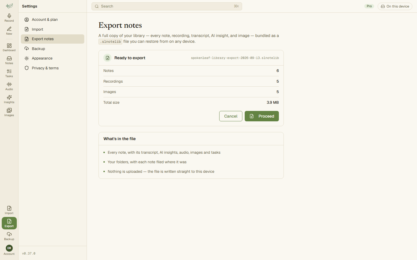 The Library export screen showing what the export file will contain and its size