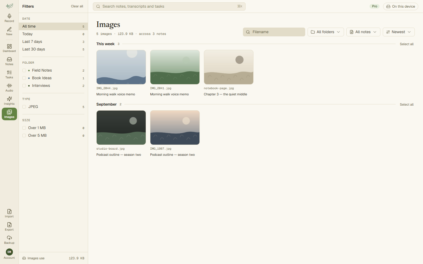 The Images gallery showing photo tiles grouped by date with a filters column