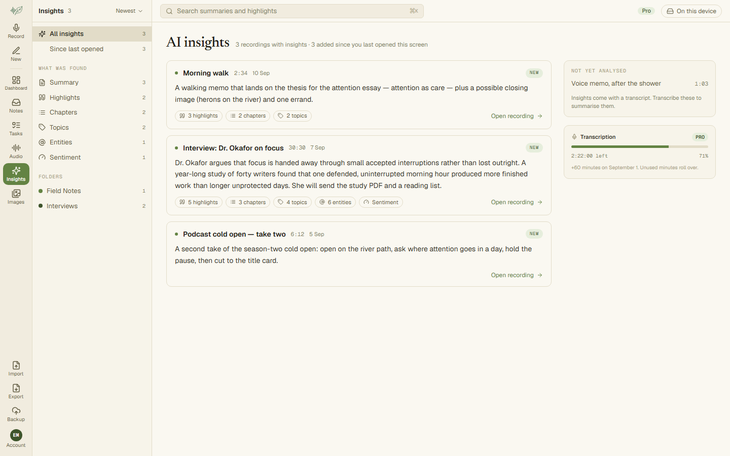The AI insights screen listing a card per analysed recording with its summary and counts of highlights, chapters, topics and entities, beside a list of recordings not yet analysed