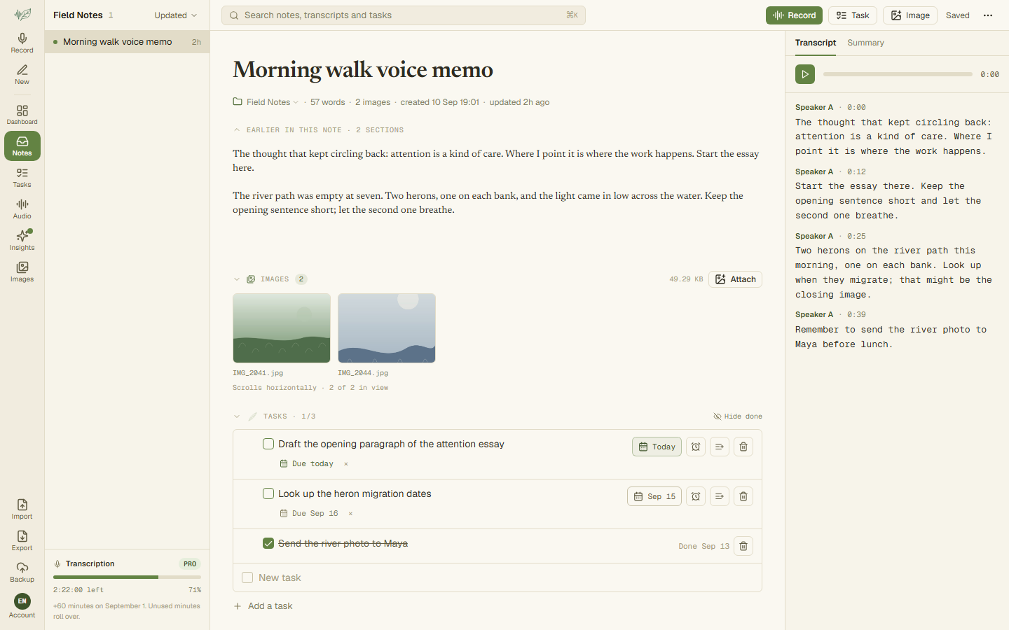 A SpokenLeaf note open in the editor with a transcript panel, two image attachments and a task list