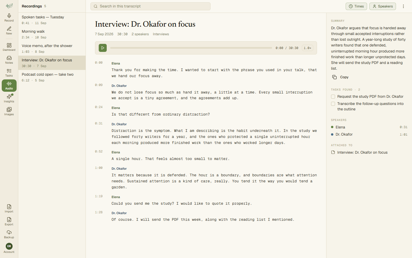 A recording's detail screen with a timestamped two-speaker transcript, summary, tasks found and speaker talk time