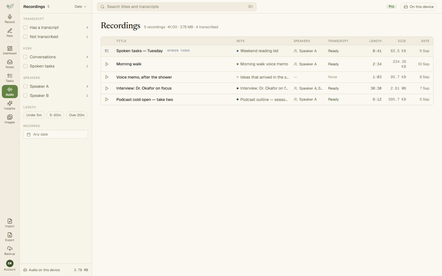 The Recordings screen listing recordings with duration, date and their attached note