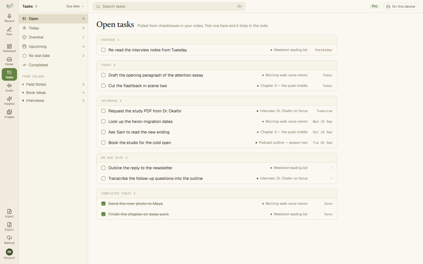 The Tasks screen with tasks grouped under Today, Overdue and Upcoming headings