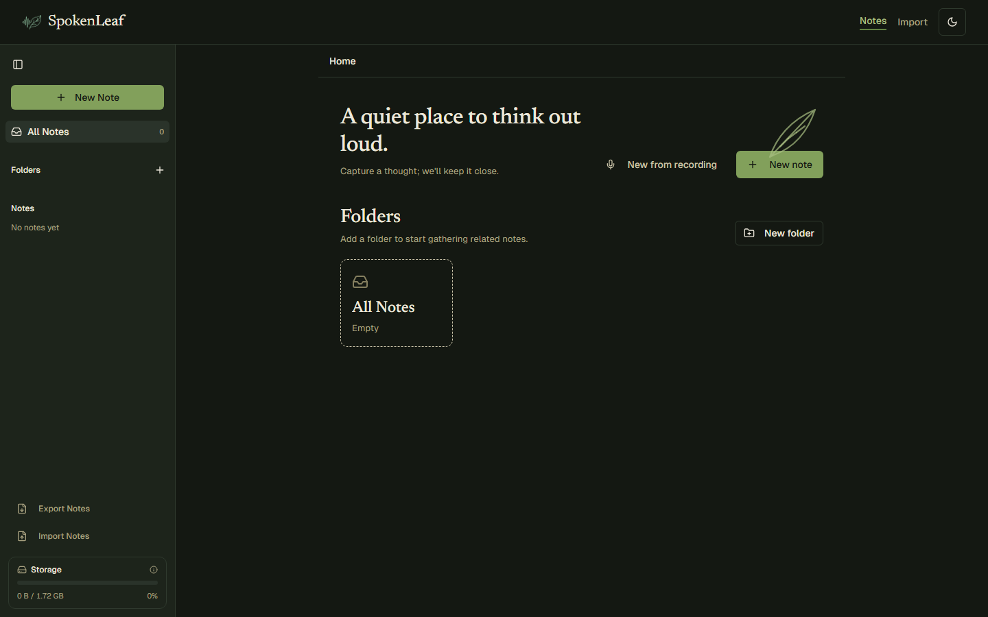 SpokenLeaf notes workspace in dark theme on a wide screen