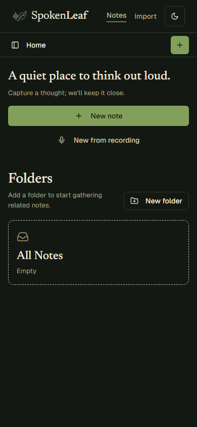 SpokenLeaf notes workspace in dark theme on a phone-sized viewport
