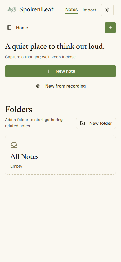 SpokenLeaf notes workspace in light theme on a phone-sized viewport